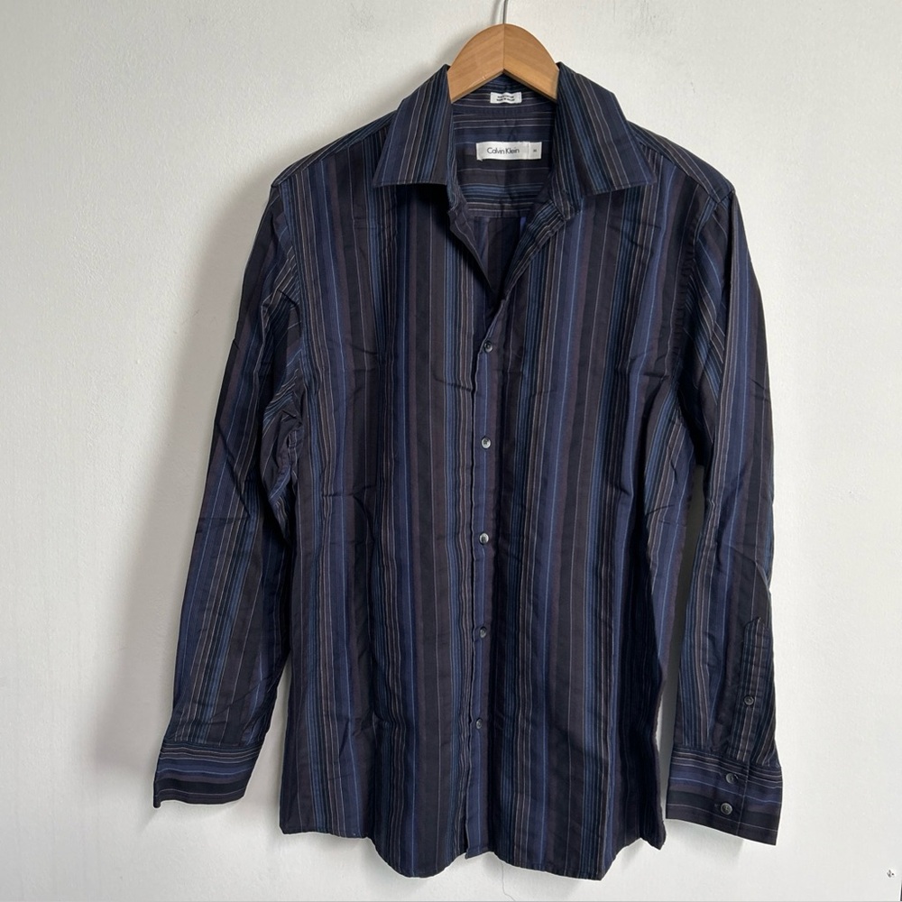 Calvin Klein Mens Medium Button‎ Front Shirt Striped Collared Long Sleeve FLAW